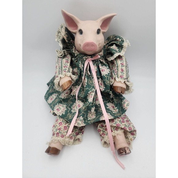 VTG 1991 Ceramic Pig Doll Floral Dress Hand Painted Rare Signed Anthropomorphic - Picture 1 of 11